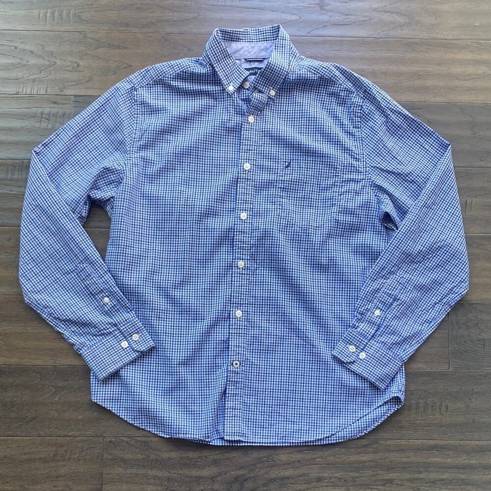 NAUTICA Plaid Button Down Shirt Mens Sz Large Blue White Classic Preppy Corpcore